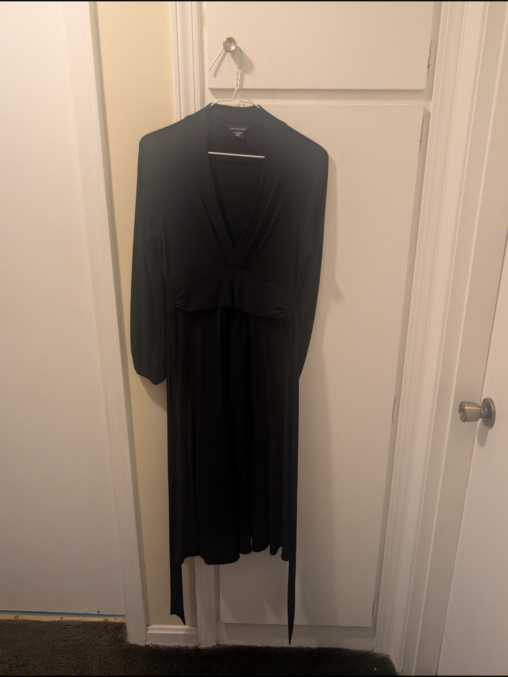 Moda International Navy Long-Sleeve V-Neck Midi Dress With Waist Tie